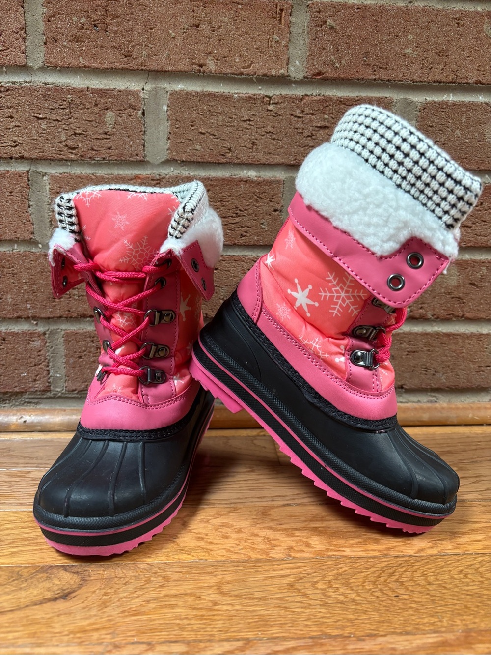 Mishansha Girls Size 12 Pink Black Snow Boots Snowflake Fur Lined Winter